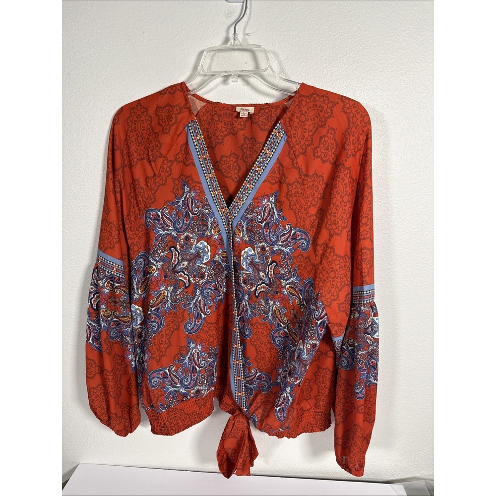 Reba V Neck Elastic Waist L/S Blouse Large‎ Floral Beaded D2